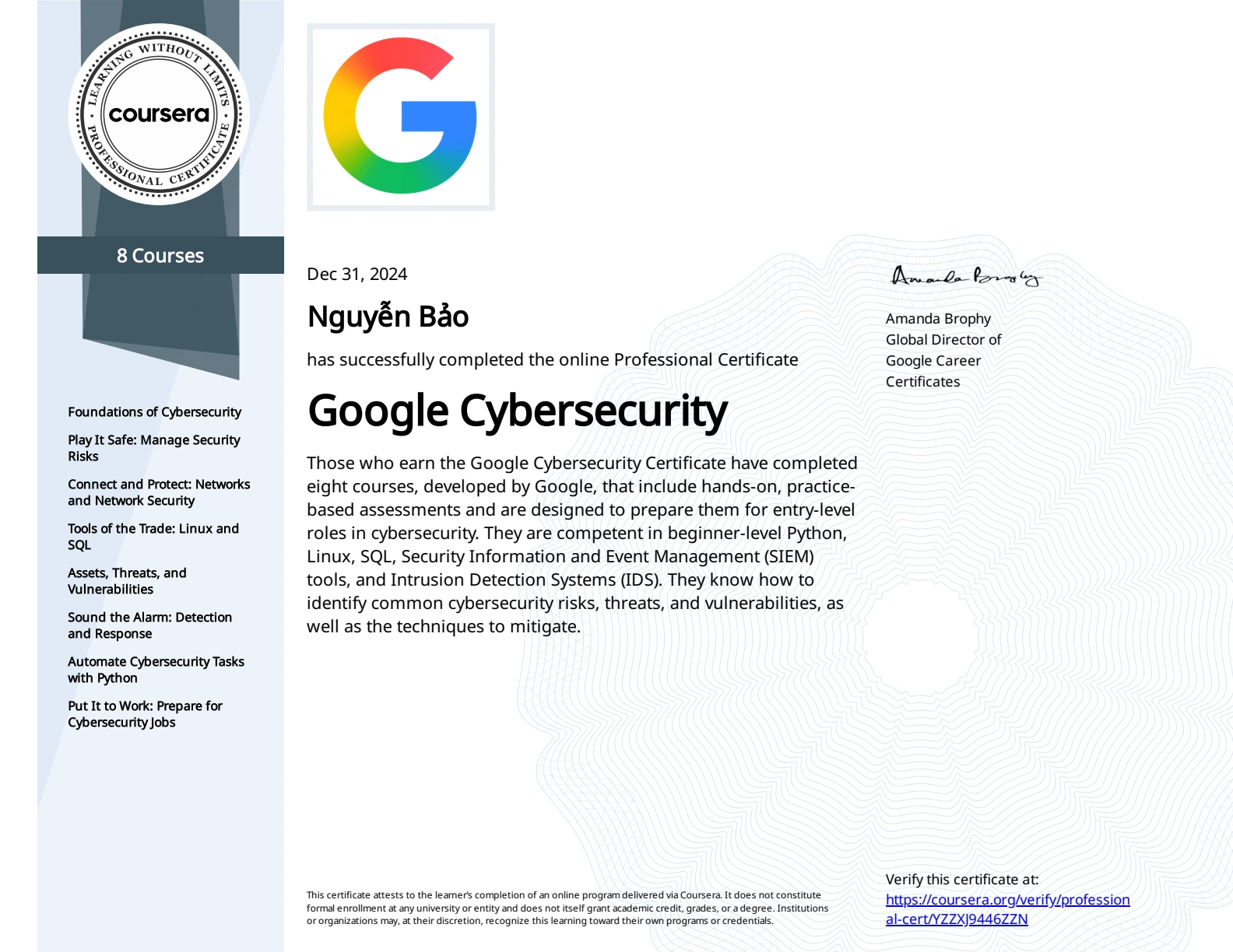 Google Cybersecurity certificate awarded to Nguyễn Bảo on 31 December 2024. Open the original PDF.